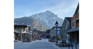 Downtown Banff, Canada street scene with Mount Royal Hotel