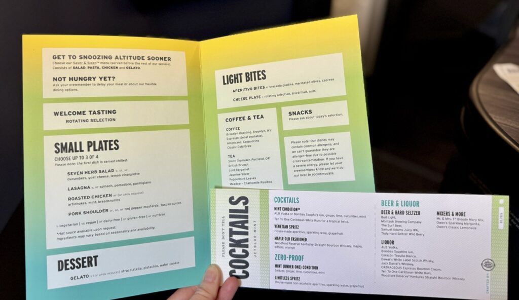 JetBlue Mint Food menu