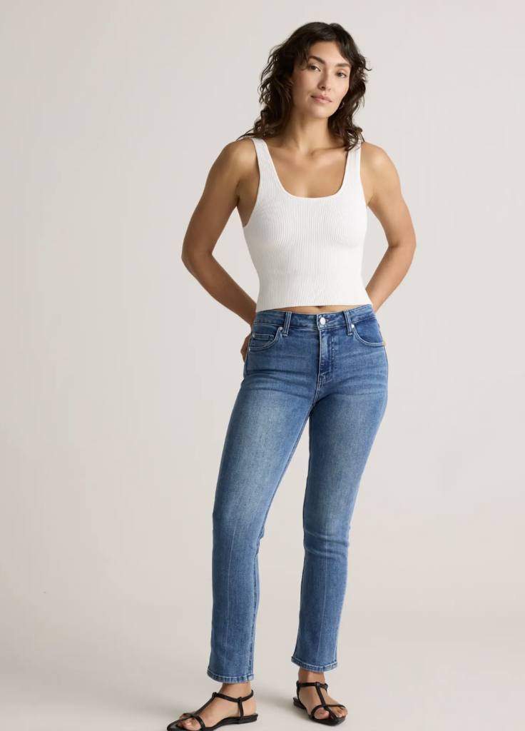 Woman wearing Quince Luna Stretch Slim Straight Jeans